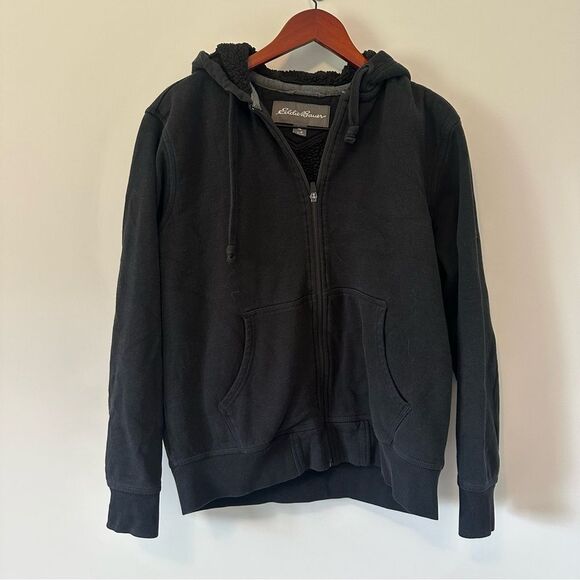 Eddie Bauer Men's Size M Fleece Lined Black Full Zip Hooded Sweatshirt - Picture 2 of 4
